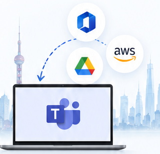 Teams、Google Drive、AWSと中国都市のイメージ